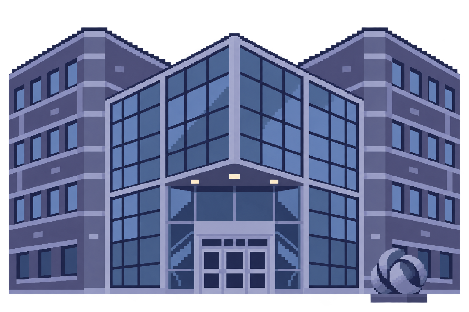 Twilight-blue pixel art of Brown's CIT, with its glass entrance and brick wings against a distant city skyline.